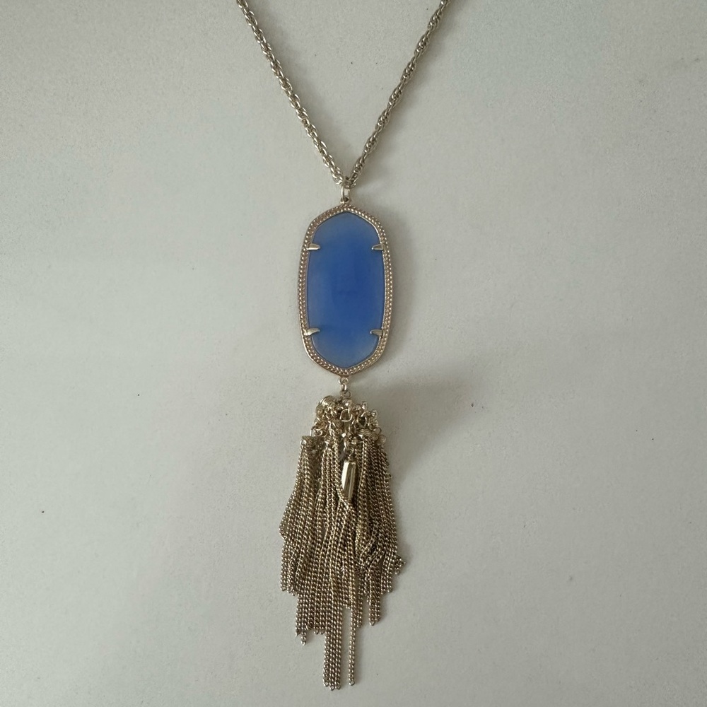 Kendra Scott Rayne Long Periwinkle Cats Eye and Gold Tassel Necklace RARE
